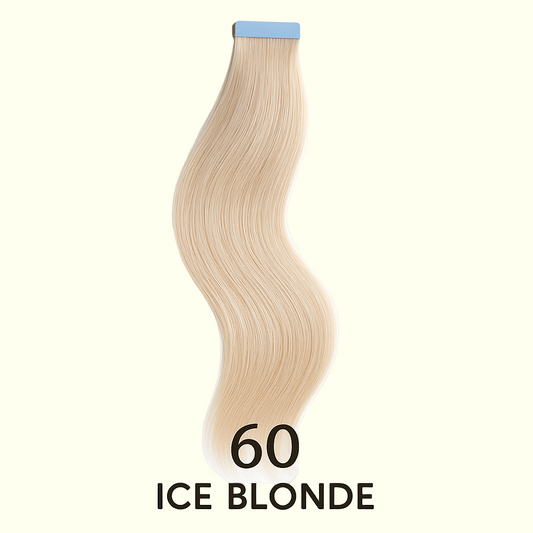 Ice blonde hair extension with a blue clip on a white background