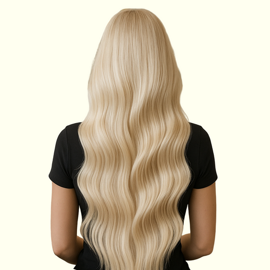 Person with long blonde hair sitting in a chair in a salon setting.