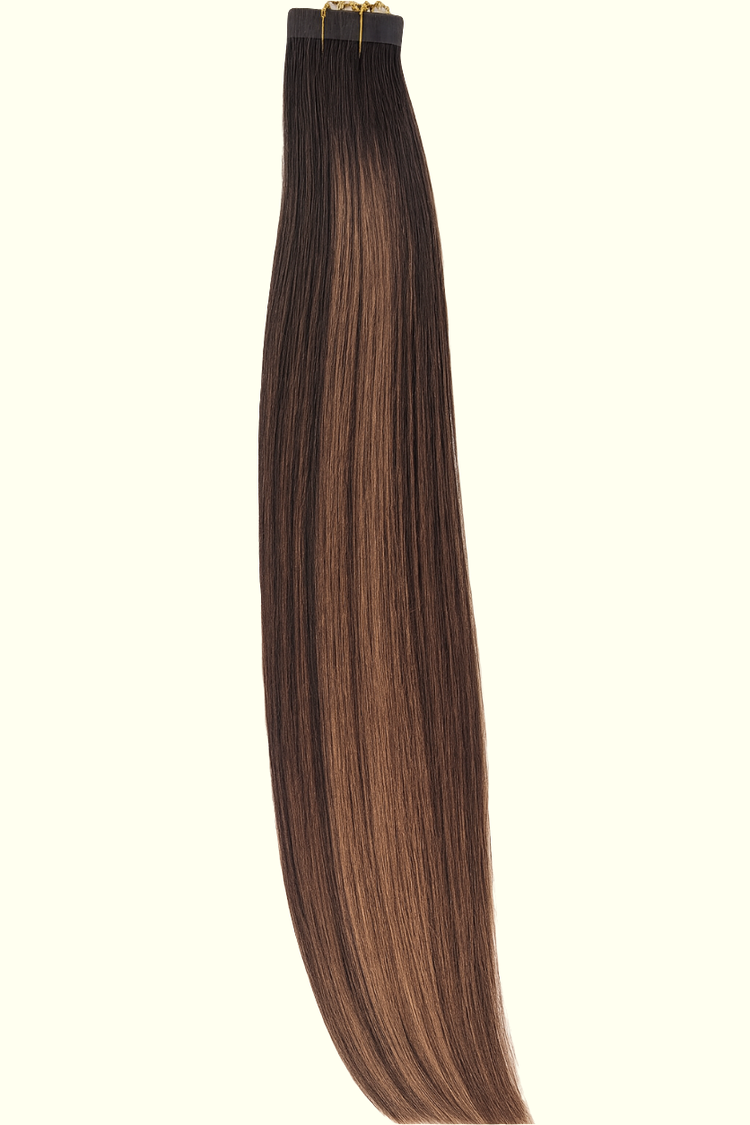 T2‑P2/6 Natural Black to Brunette Tape-In Hair Extensions – Remy Human Hair – Same Day Shipping