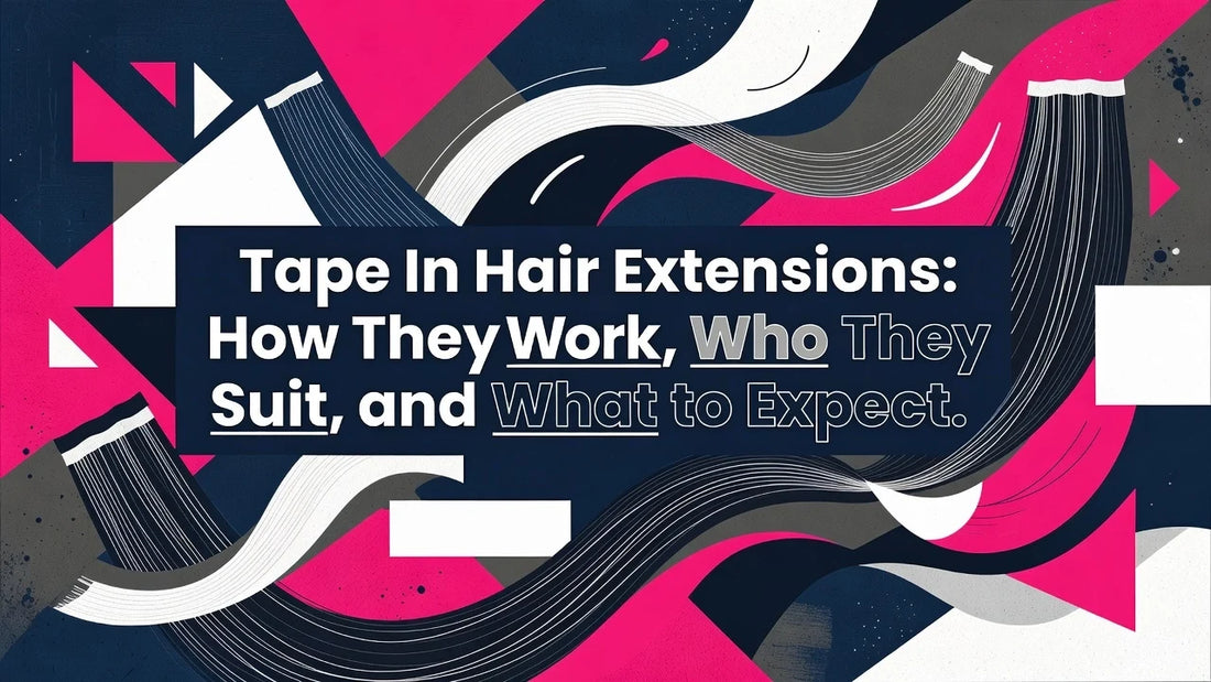 Professional header image for educational tutorial: Tape In Hair Extensions: How They Work, Who They Suit, an...