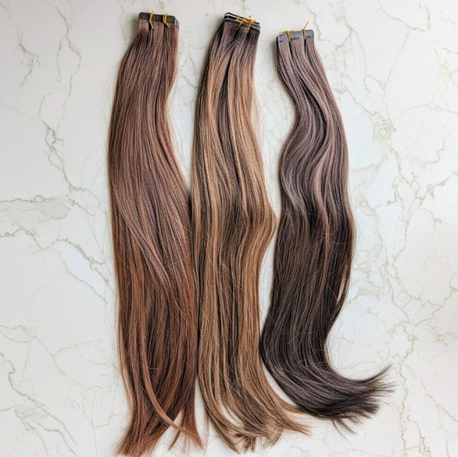 Tape In hair extension colour comparison Dark Brown #2, Dark Chocolate Brown #3 and Dark Espresso Balayage T2-P2/6 | Real Hair Co