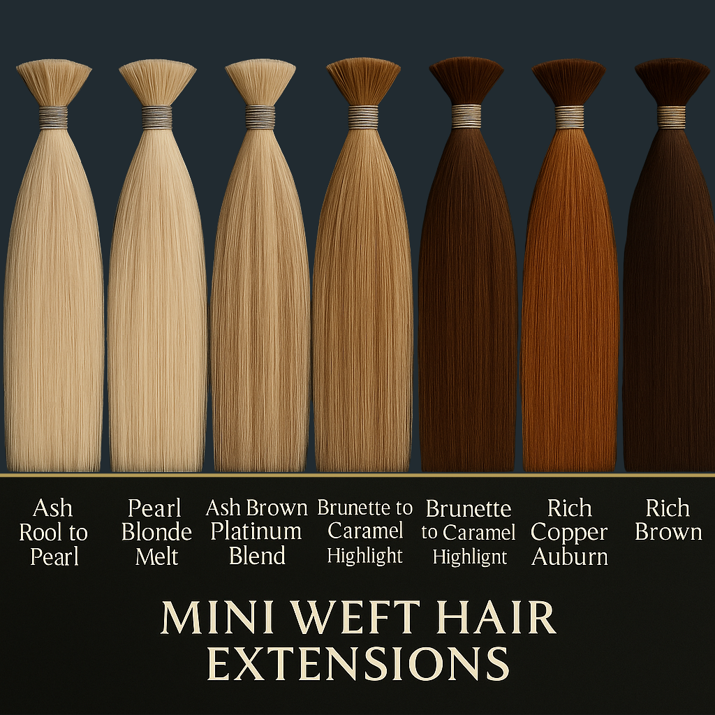 Mini Weft Hair Extensions in premium blonde, brunette, and copper shades displayed on a charcoal background with gold trim – Real Hair Co same-day shipping collection.