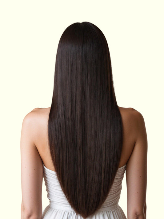 Person with long, straight black hair wearing a white dress on a white background