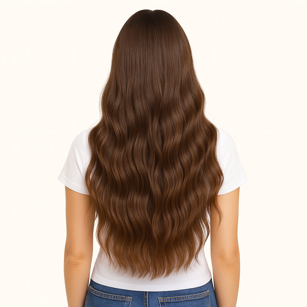 Woman with long, wavy brown hair wearing a white shirt on a white background