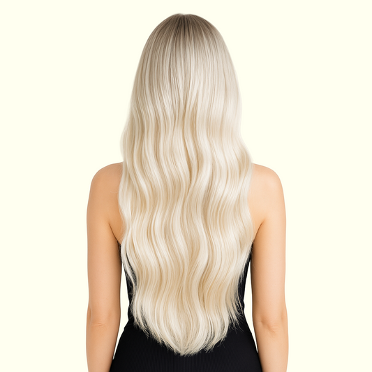 Woman with long, wavy blonde hair on a white background
