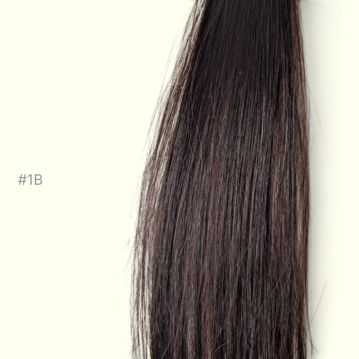 A close-up swatch of straight, dark brown hair strands on a plain off-white background, with the text '#1B' printed on the left.