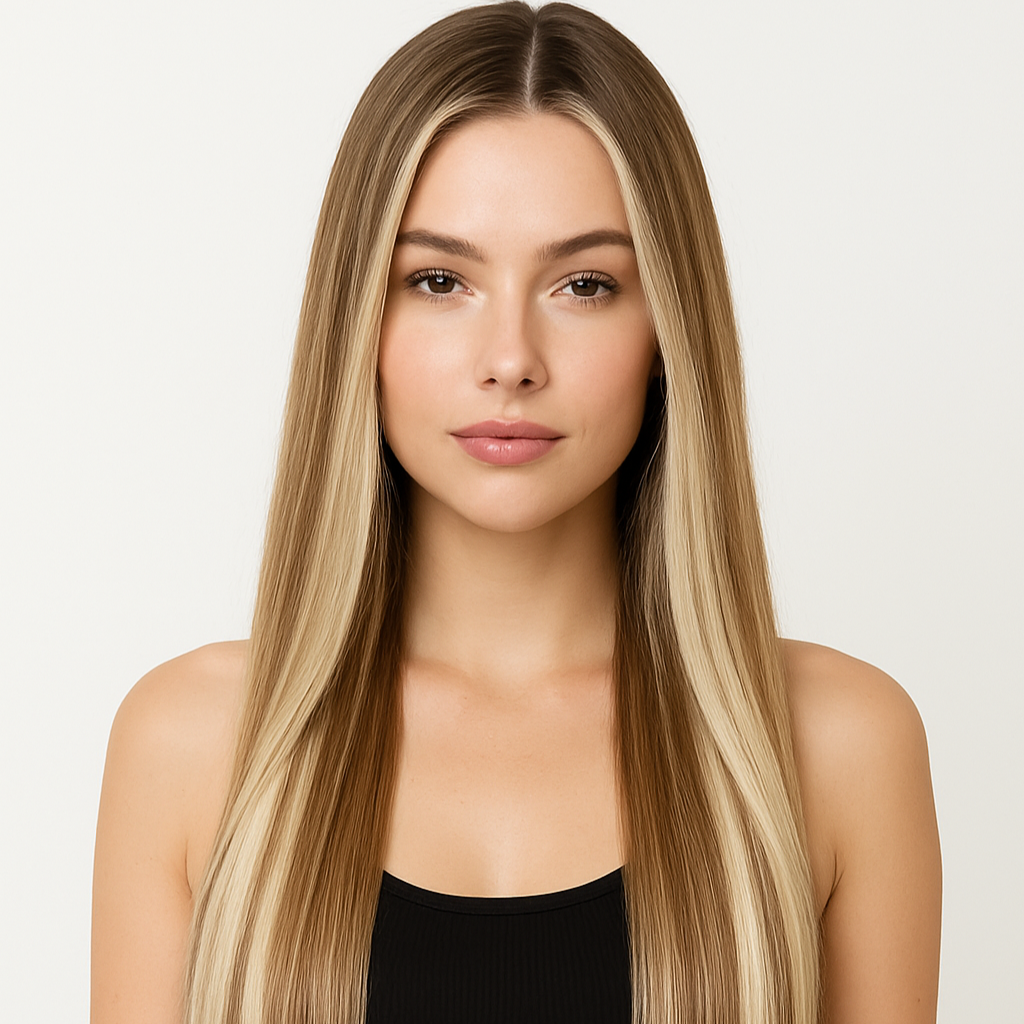 Woman with long, straight, blonde hair on a white background