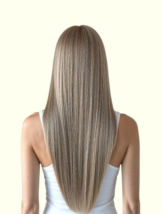Person with long, straight blonde hair on a white background