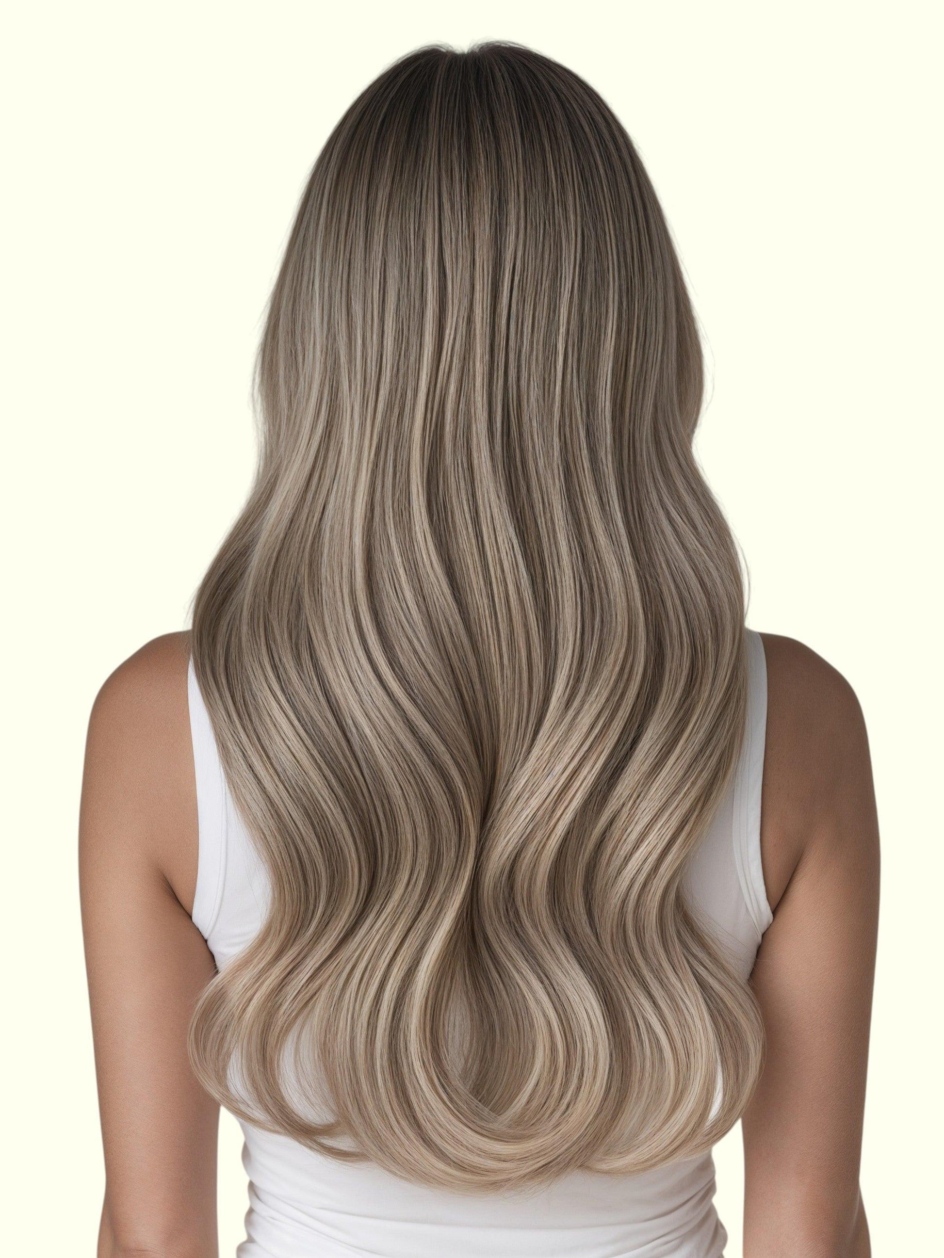 Woman with long, wavy hair on a white background