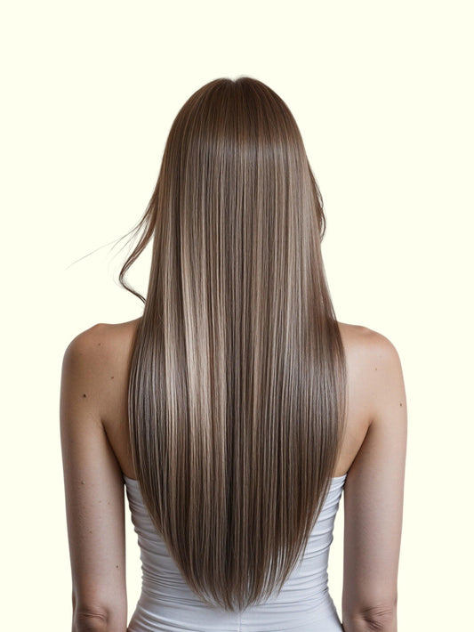 Woman with long, straight, brown hair on a white background