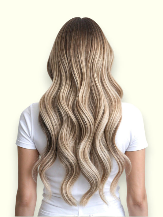 Person with long, wavy, blonde hair wearing a white shirt on a light beige background